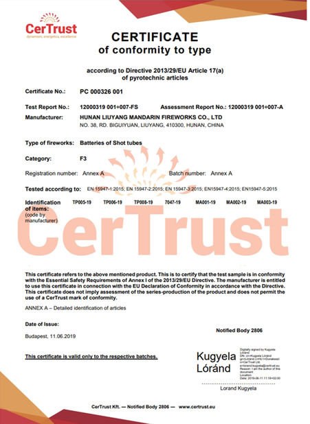 Çin Liuyang Mandarin Fireworks Co., Ltd. Sertifikalar