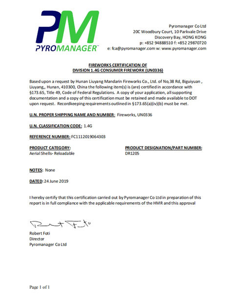 Çin Liuyang Mandarin Fireworks Co., Ltd. Sertifikalar